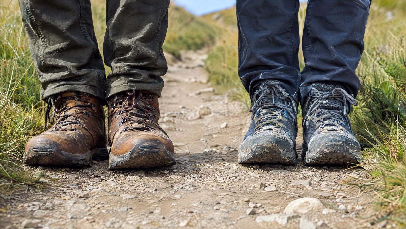 Two pairs of worn walking boots side by side on a dirt trail with the path rising ahead