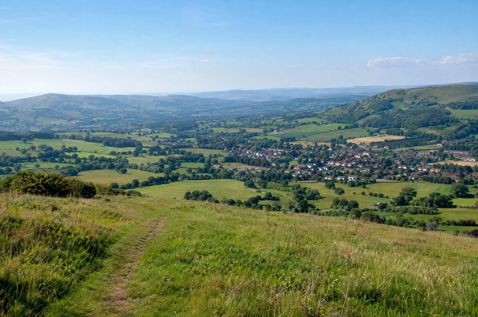 A wide green valley with farmland and a small town seen from a gentle grassy crest, a dirt path in the foreground