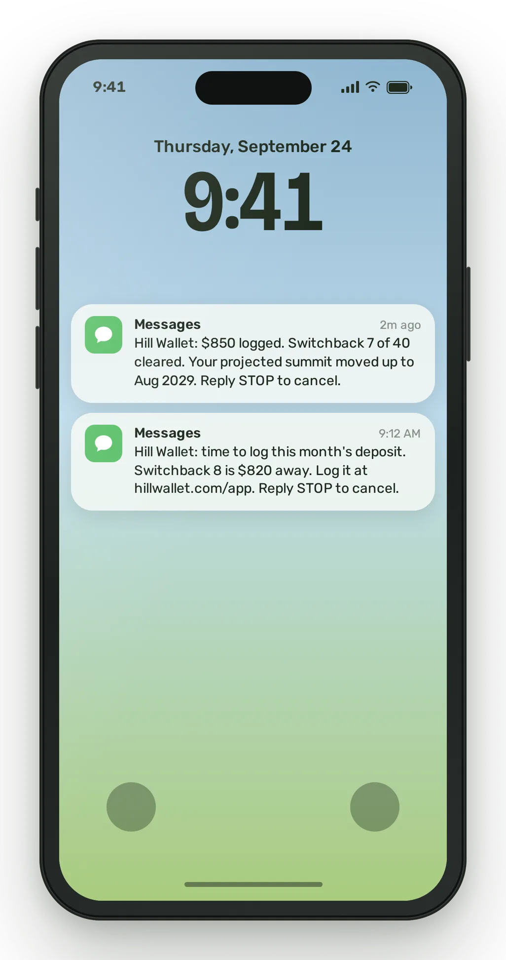 A phone lock screen showing two text notifications from Hill Wallet: one saying $850 was logged and switchback 7 of 40 cleared, one reminding the member to log this month's deposit.